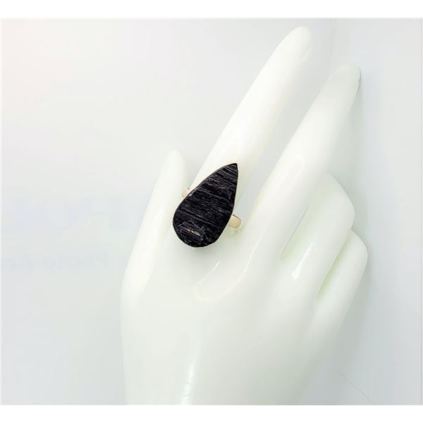 35)  TEAR DROP SHAPED BLACK TOURMALINE RING