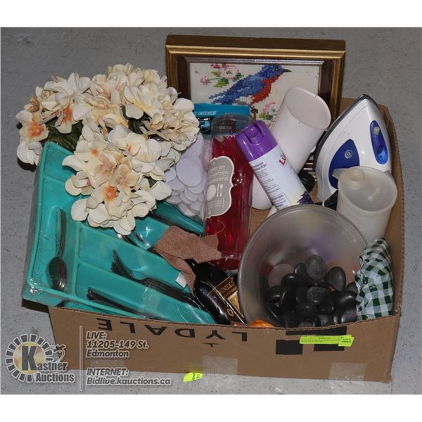 BOX WITH HOUSEHOLD ITEMS INCL 24-PC FLATWARE