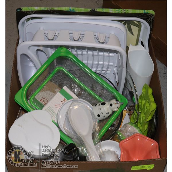 BOX OF KITCHENWARE INCL. STRAINERS, 2 GLASS