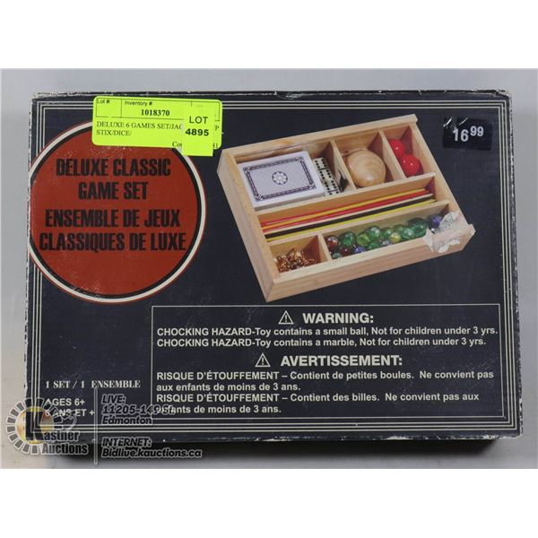 DELUXE 6 GAMES SET/JACKS/PICKUP STIX/DICE/