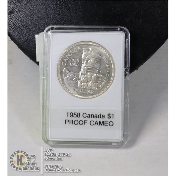 1958 CANADIAN SILVER $1, PROOF CAMEO, "DEATH TOTE