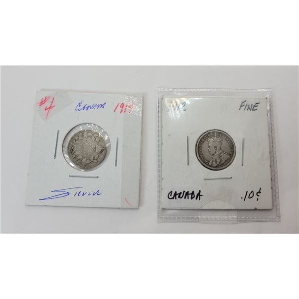 33)  LOT OF 2 CANADIAN DIMES, 1912 & 1918,