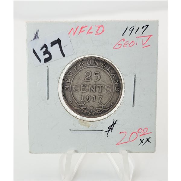 32)  NEWFOUNDLAND 1917 SILVER 25 CENT COIN