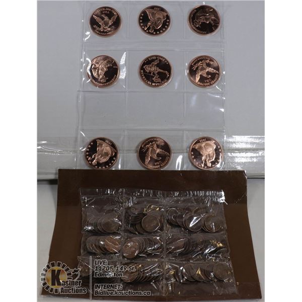 .999 PURE 1 OZ CAMEO COPPER COINS + 1955 $.01