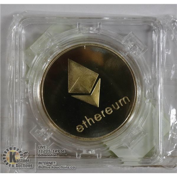 GOLD PLATED ETHEREUM COIN IN ROTATING CASE