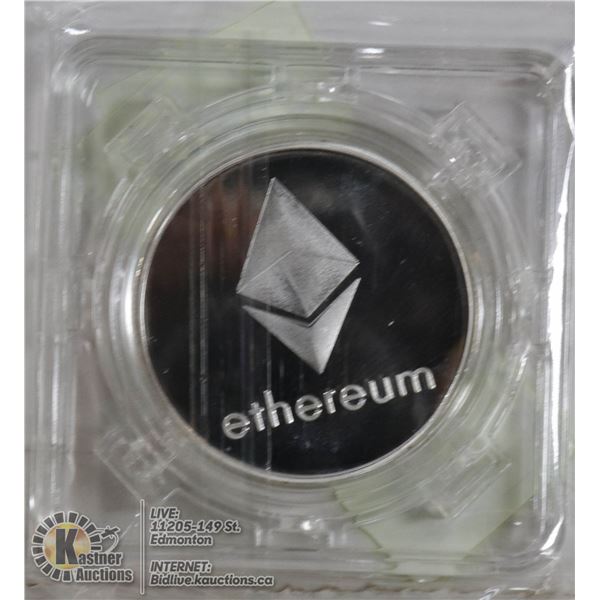 SILVER PLATED ETHEREUM COIN IN ROTATING CASE