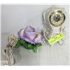 Image 1 : VINTAGE WIND UP CLOCK & PURPLE FLORAL LIGHT