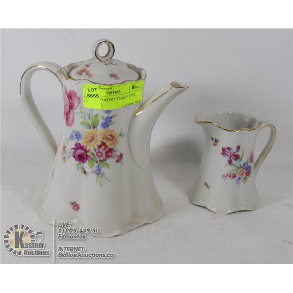 GERMAN POTTERY TEAPOT AND CREAMER