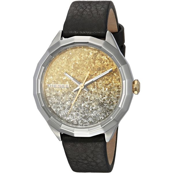 NEW DIESEL 36MM GOLD/SILVER GLITTER DIAL MSRP $209 LEATHER STRAP WATCH. JEWELLERY.