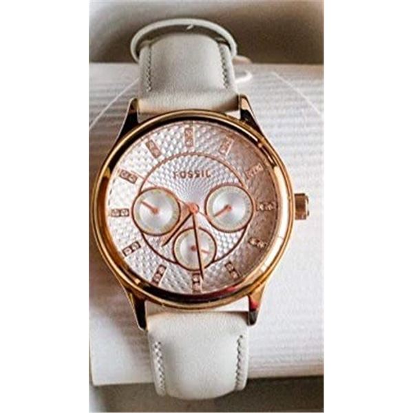NEW FOSSIL TRIPLE CHRONO WATCH W/CRYSTAL MARKERS 36MM W/LIGHT BEIGE BAND.JEWELRY