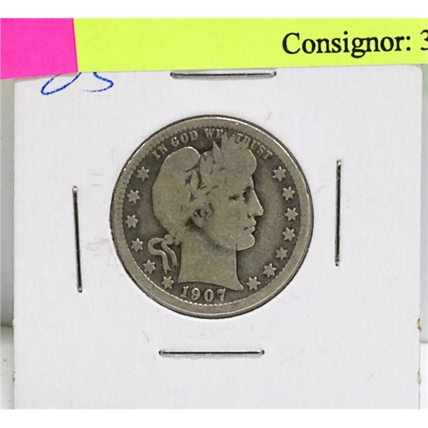 1907 US SILVER BARBER 25 CENT COIN