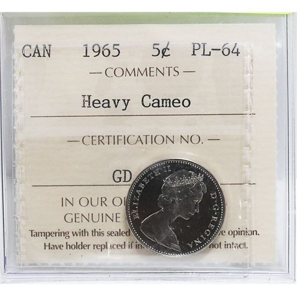 1965 CANADIAN QEII 5 CENT COIN CERT ICCS PL-64