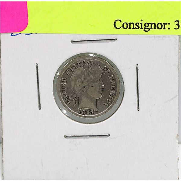 1897 US SILVER BARBER 10 CENT COIN
