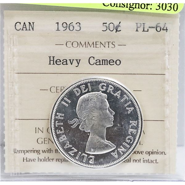 1963 CANADIAN QEII SILVER 50 CENT COIN ICCS PL 64