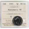 Image 1 : 1993 CANADIAN QEII 5 CENT COIN CERT ICCS MS-66