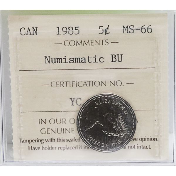 1985 CANADIAN QEII 5 CENT COIN CERT ICCS MS-66