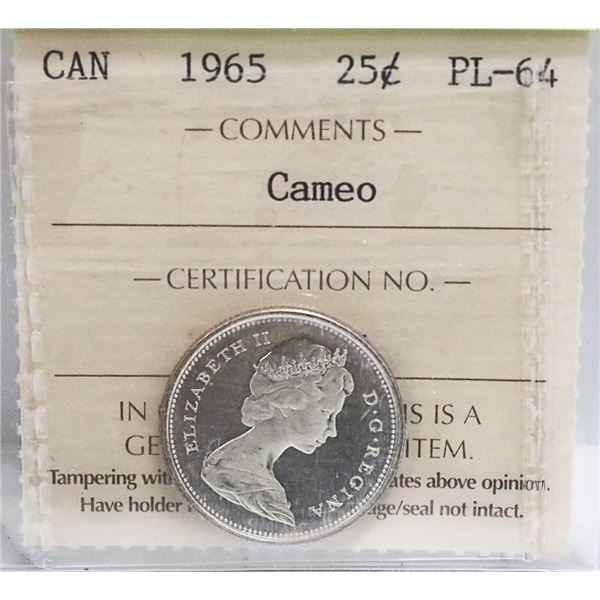 1965 CANADIAN QEII SILVER 25 CENT CERT ICCS PL-64