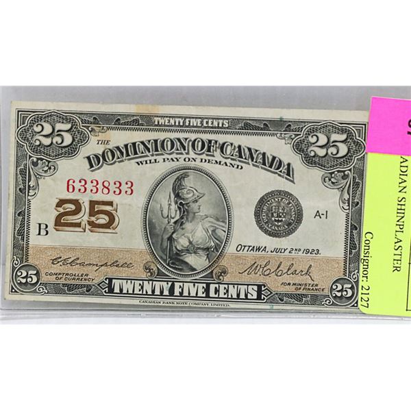 1923 CANADIAN SHINPLASTER