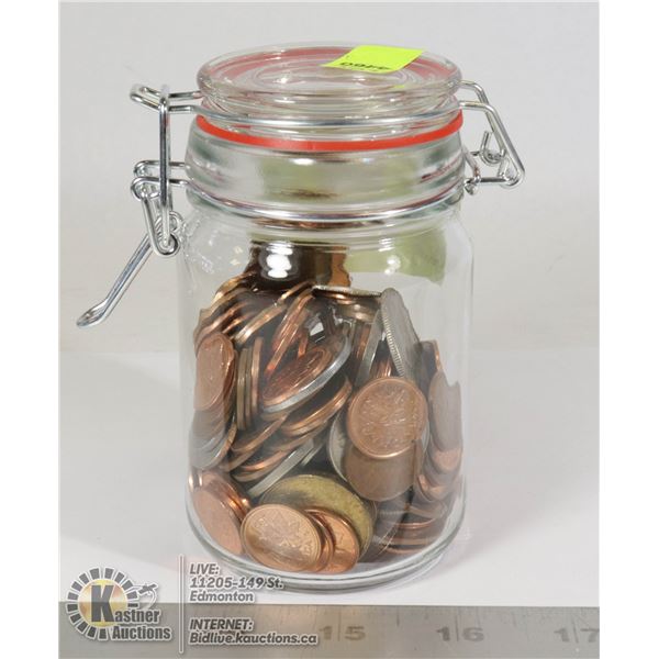 JAR WITH OLD MIXED WORLD COINS & PENNIES