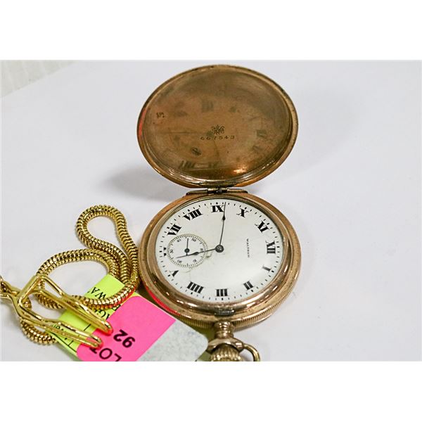 VINTAGE WALTHAM GOLD PLATE POCKET WATCH IN HUNTER