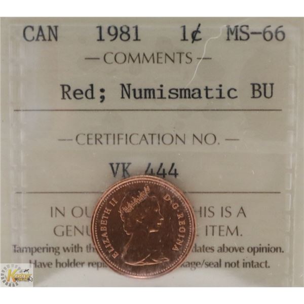 1981 CANADIAN QEII 1 CENT CERT ICCS MS66 RED