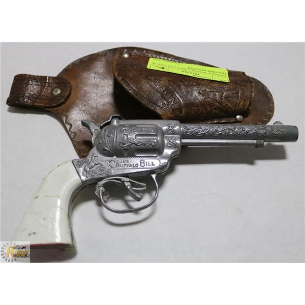 ANTIQUE BUFFALO BILL CAP GUN W LEATHER HOLSTER