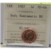 Image 1 : 1987 CANADIAN QEII 1 CENT CERT ICCS MS66 RED