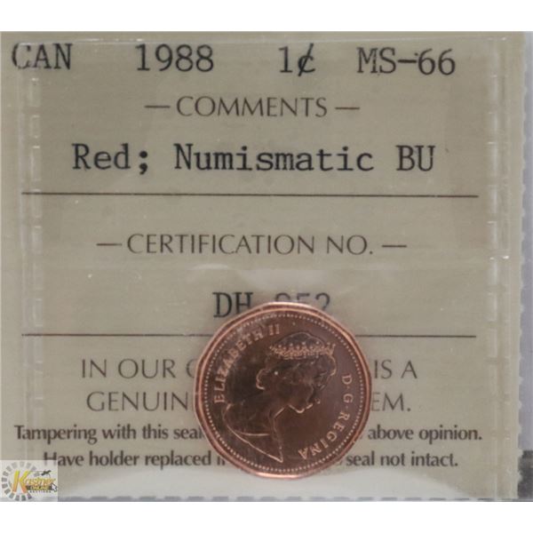 1988 CANADIAN QEII 1 CENT CERT ICCS MS66 RED