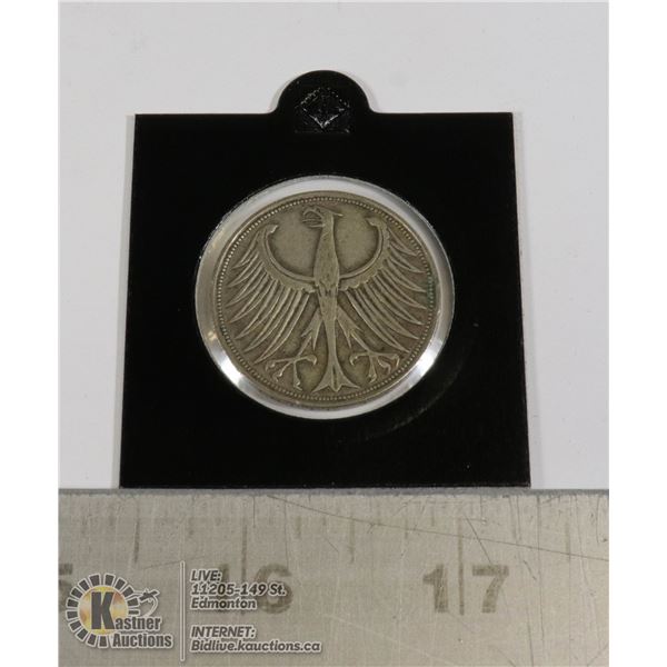 1951D GERMAN SILVER 5 MARK COIN, 1ST YEAR OF ISSUE