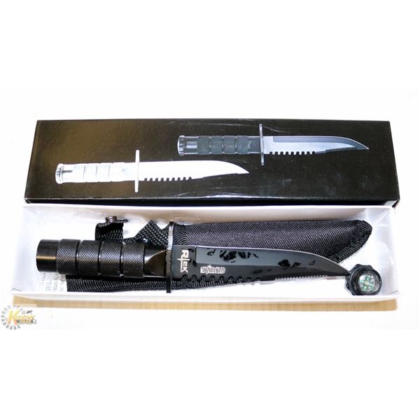NEW SURVIVAL KNIFE W/ A COMPASS AT ONE END