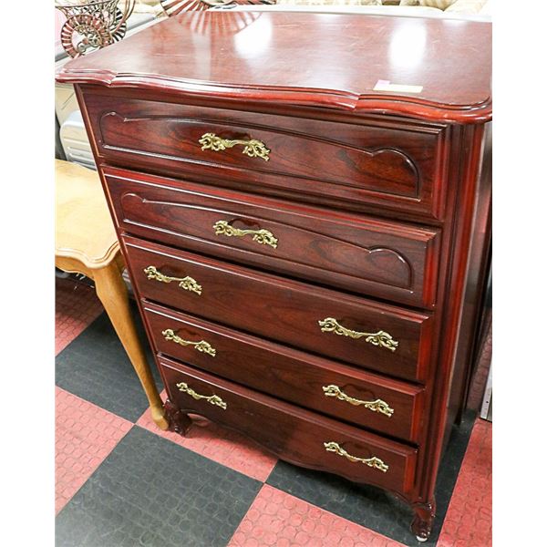 WOOD 5 DRAWER HIGH BOY WITH ROSEWOOD