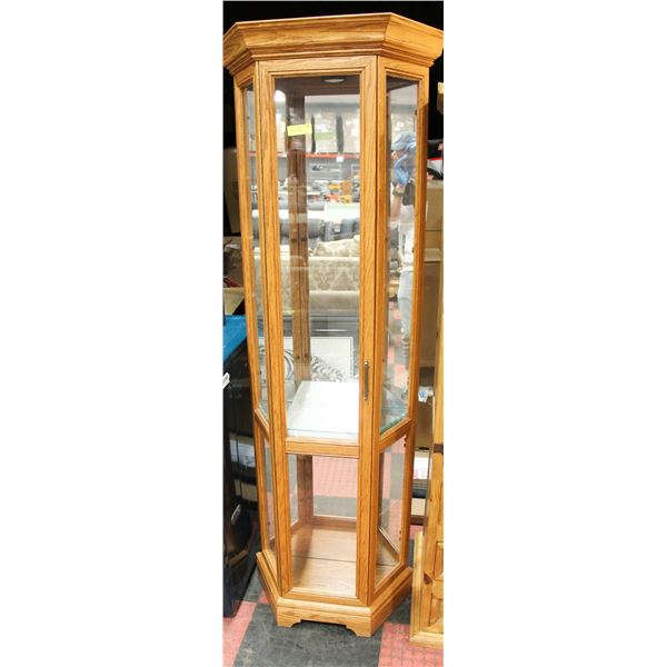 OAK CURIO CABINET, 5 GLASS SHELFS(23"W X9"D X77"H)