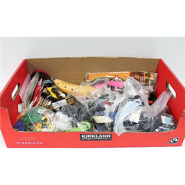 BOX OF ZIPPERS AND SEWING ITEMS