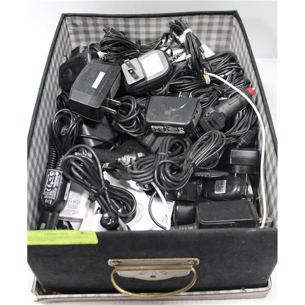 BOX FULL OF CHARGING CABLES AND ADAPTORS