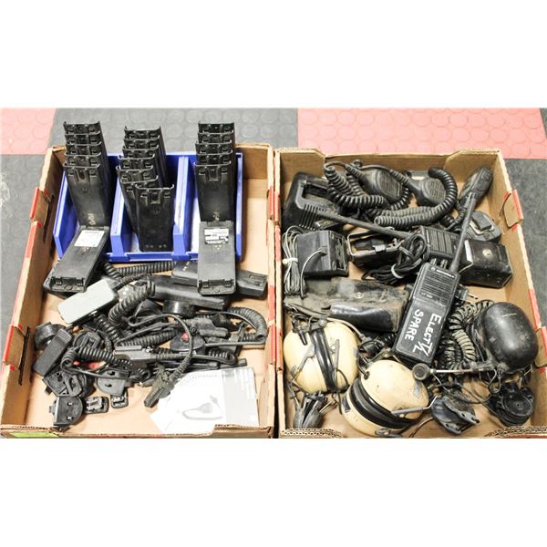 2 FLATS OF VINTAGE WALKIE TALKIES AND ACCESSORIES