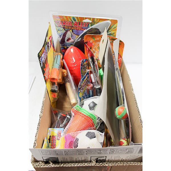 BOX NEW ASSORTED TOYS, NERF, RED FOOTBALL
