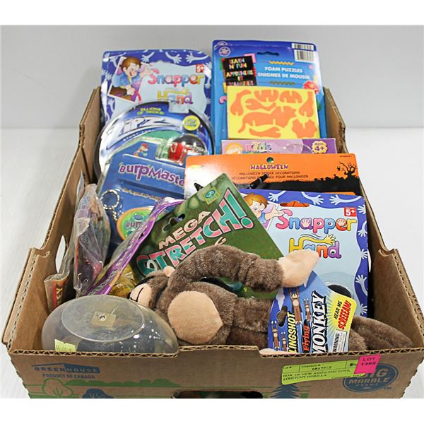 BOX  OF NEW ASSORTED TOYS, STRETCHY GORILLA