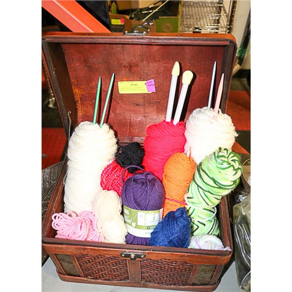 LARGE WOOD CHEST WITH KNITTING NEEDLES AND WOOL