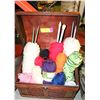Image 1 : LARGE WOOD CHEST WITH KNITTING NEEDLES AND WOOL