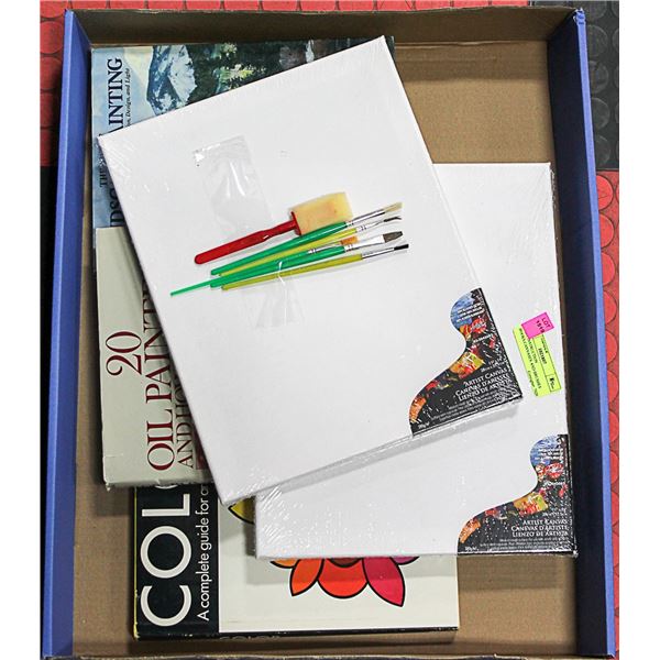 3 ART INSTRUCTION BOOKS,CANVASES AND BRUSHES