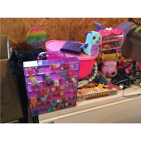 BOX OF TOYS WITH 2 PAIR  SIZE 3 BOOTS