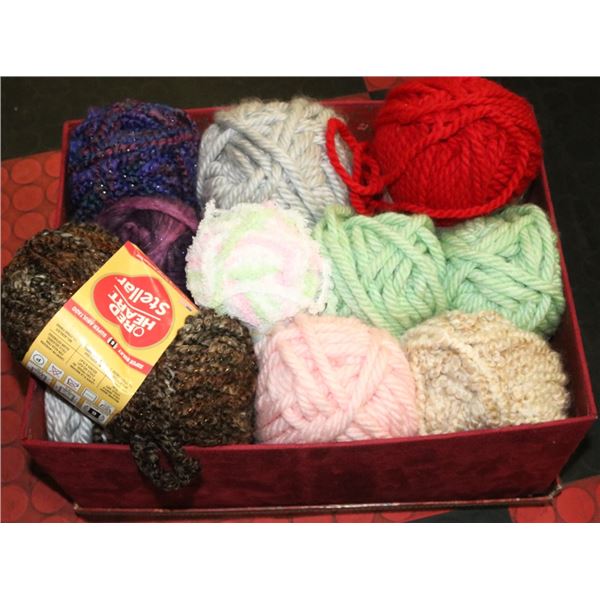 10+ SKEINS OF WOOL/ YARNS IN DECORATIVE STORAGE