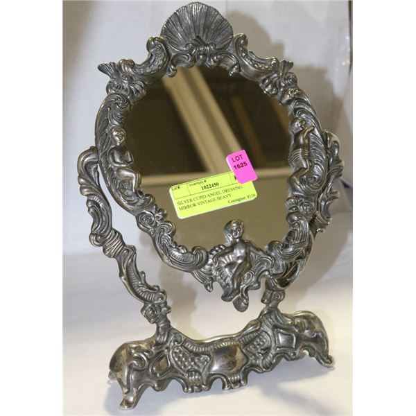 SILVER CUPID ANGEL DRESSING MIRROR VINTAGE HEAVY