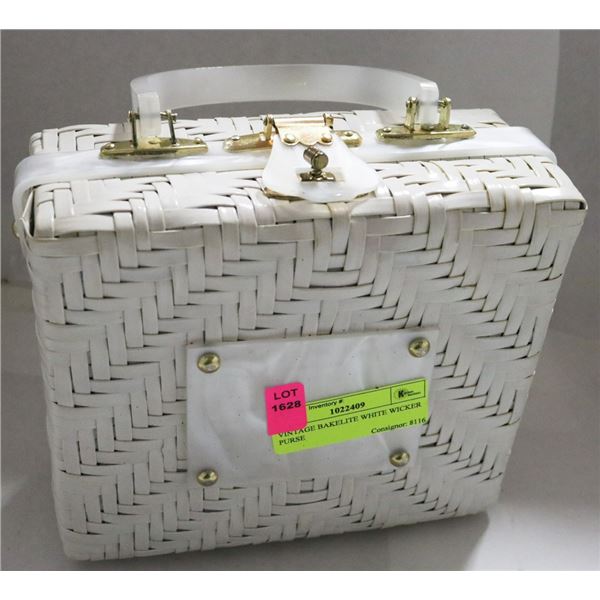 VINTAGE WHITE WICKER PURSE WITH  BAKELITE HANDLES