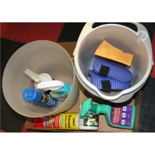 LARGE BOX WITH HOME & GARDEN SUPPLIES AND