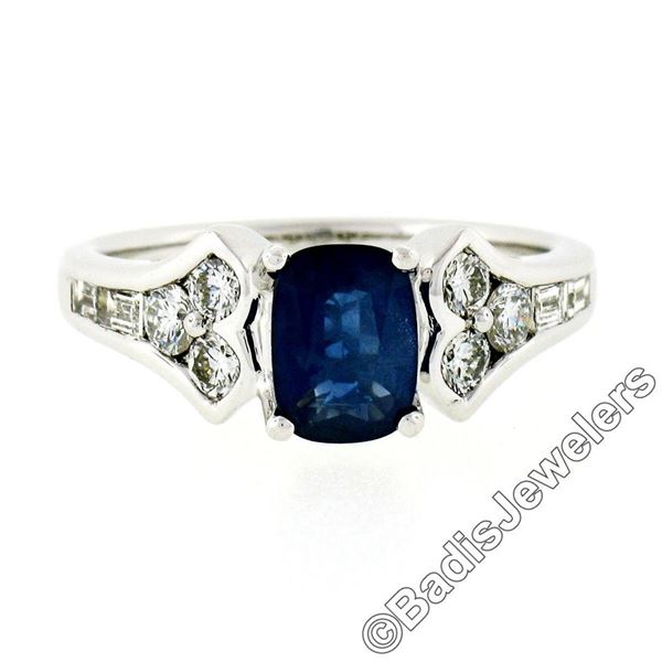 New 18kt White Gold 1.67 ctw Cushion Sapphire Solitaire and Diamond Tulip Ring