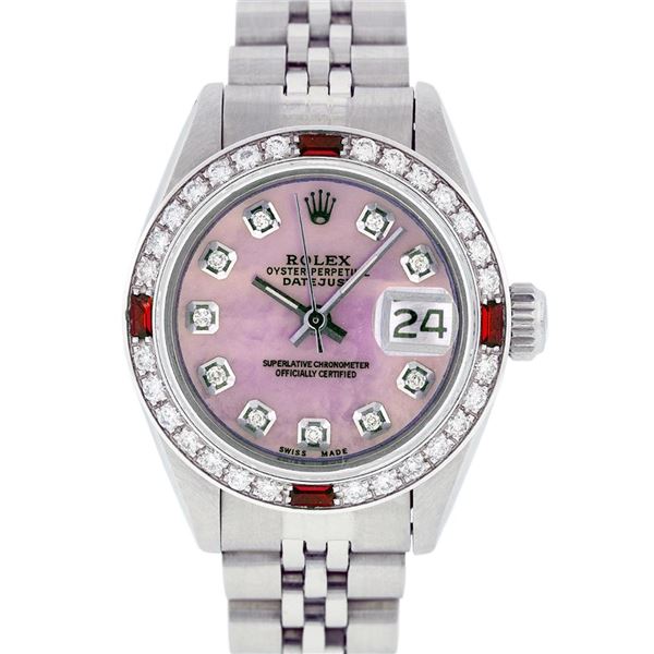 Rolex Ladies Stainless Steel Pink MOP Diamond & Ruby Datejust Wristwatch 26MM