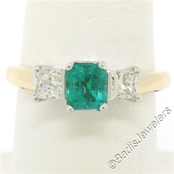 14K Yellow & White Gold 1.36 ctw Colombian Emerald Princess Diamond 3 Stone Ring