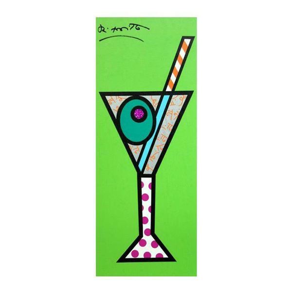 Romero Britto  Green Martini  Hand Signed Limited Edition Giclee on Canvas; Auth