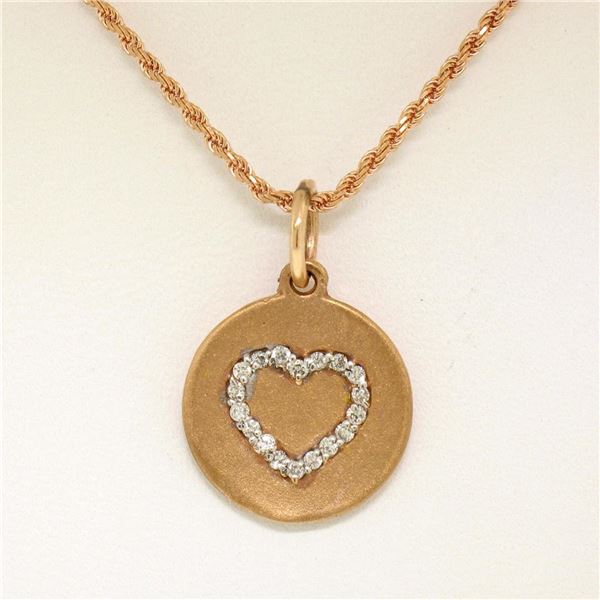 14K Rose Gold 0.13 ctw Diamond Open Heart Disc Pendant w/ 16  Rope Chain